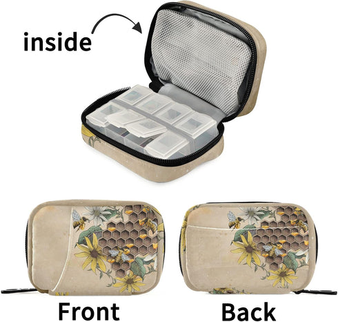 Naanle 7 Vintage Sunflower Bee Pill Box Day Pill Case Travel Pill Organizer Bag with Zipper Portable Weekly Case