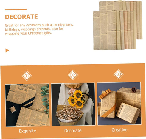 Ipetboom Packaging, 20 Vintage Newspaper Flower Wrapping Paper for Bouquet Sheets Kraft Paper with Sunflower Print