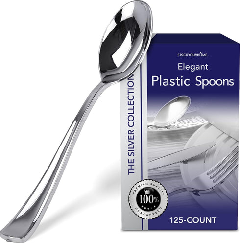 Stock Your Home 125 Disposable Heavy Duty Plastic Spoons, Silver - Perfect for Catering Events, Parties, Weddings
