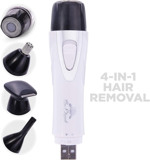 Rechargeable Facial Hair Removal for Women, Painless Nose Ear Eyebrows Trimmer Remover (White, 4 in 1)