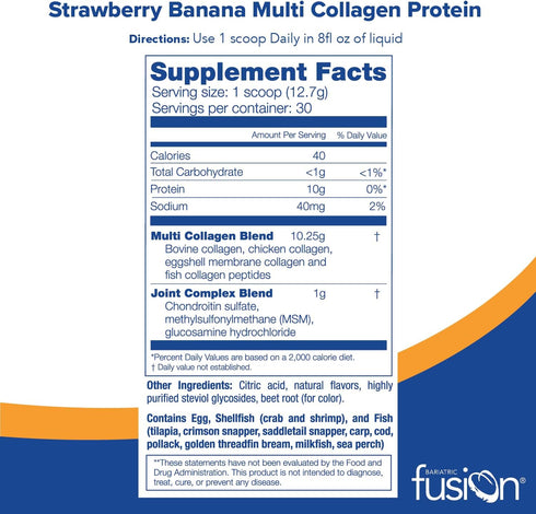 Bariatric Fusion Strawberry Banana Multi Collagen Protein Powder - Joint Support Complex, 30 Servings