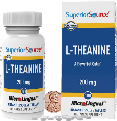 Superior Source L-Theanine 200 mg Supplement for Brain Health Support, Better Sleep & Daily Energy - 100 Tablets