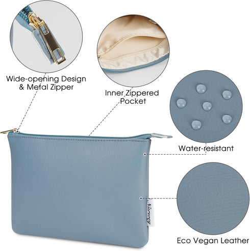 Narwey Small Makeup Bag for Purse, Vegan Leather Travel Cosmetic Pouch, Zipper Pouch for Women (Greyish Blue)