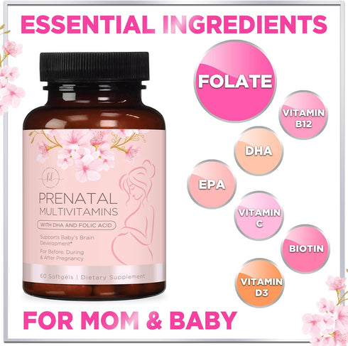 Hello Lovely! Women's Prenatal Multivitamin with Folic Acid + DHA - 60 Softgels for Pregnancy Support
