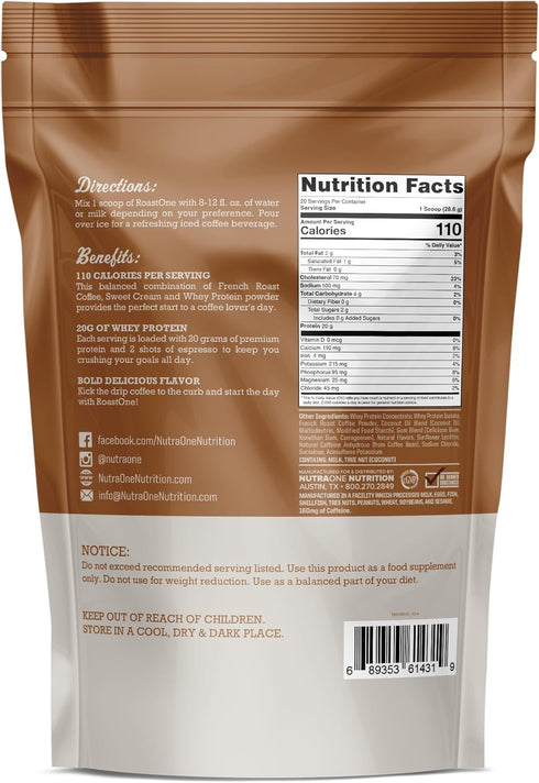 NutraOne RoastOne Coffee Protein Powder, Coffee Infused Whey Protein Powder for Energy & Focus, 160mg Caffeine and 20g