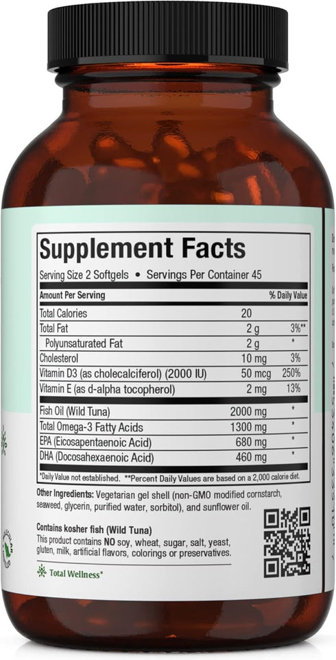 Maxi Health Omega 3 Supplement - Omega-3 Fish Oil Triple Concentrate w/ Vitamin D3 - 90 Softgels for Heart, Brain,