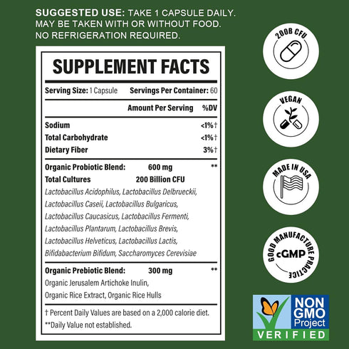 Probiotics for Women & Men, 200 Billion CFU 12 Strains with 3 Organic Prebiotics and Probiotics for Digestive Health Gut, Immune, Bloating & Gas, Energy, Overall Health, Shelf Stable - 2 Month Supply