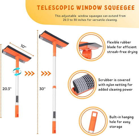 Window Squeegee for Home, Window Cleaner Tool with Extension Pole 20''-30'', Window Washer for Shower, Car Windshield, Mirror, Glass Cleaning