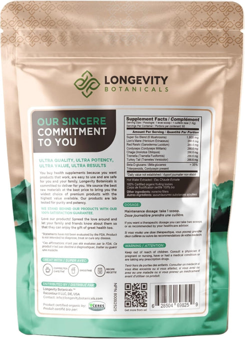 Longevity Botanicals 6 Mushroom Supplement Blend, Organic Mushroom Complex Powder, 100% Fruiting Body, 3.5 oz