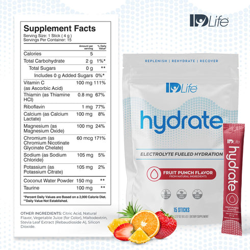 IDLife Hydrate (Fruit Punch) Instant Hydration Packets with Essential Electrolytes, 15 Sticks per Bag