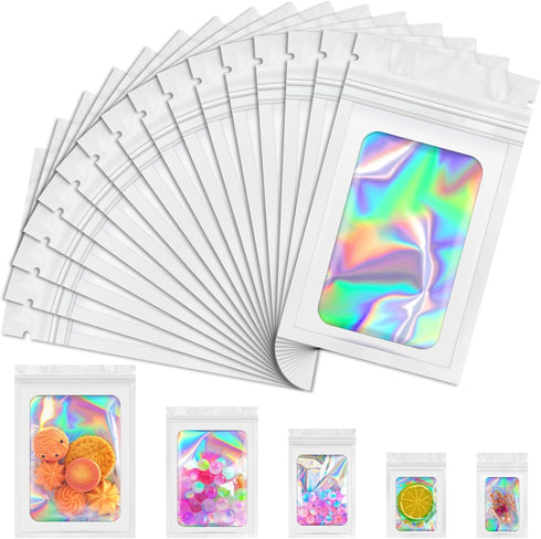 JETMORE Mylar Bags, 100 PCS Holographic Smell Proof Bags with Front Window for Food and Jewelry Storage