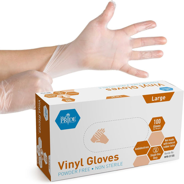 MedPride General Purpose Powder-Free Vinyl Gloves, Large, Box of 100