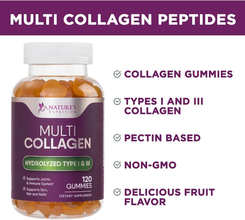 Collagen Gummies with 2500mcg Biotin, Vitamin C & Zinc, 120 Count - Hydrolyzed Type 1 & 3 Collagen Peptides Supplement