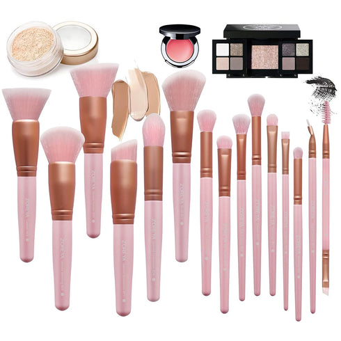 Z'OREYA 15Pcs Makeup Brush Set, Premium Synthetic Kabuki Brushes for Foundation, Concealers, Blush, Eye Shadows (Pink)