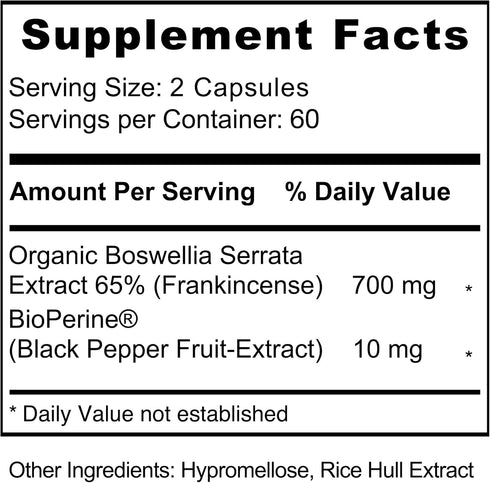 Boswellia Extract Capsules - Organic Boswellia Serrata with Frankincense Powder and Bioperene - 120 Capsules