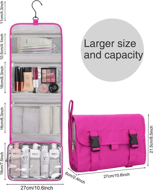 Relavel Hanging Travel Toiletry Bag for Women, Large Capacity Waterproof Organizer for Makeup and Accessories (Hot Pink)