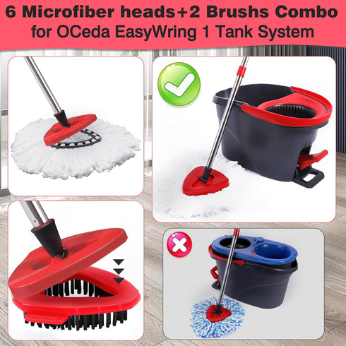 Mop Replacement Heads 6 Pcs & 2 Scrub Brushes Combo for Ocedar Easywring 1-Tank System, Microfiber Spin Mop Replacement