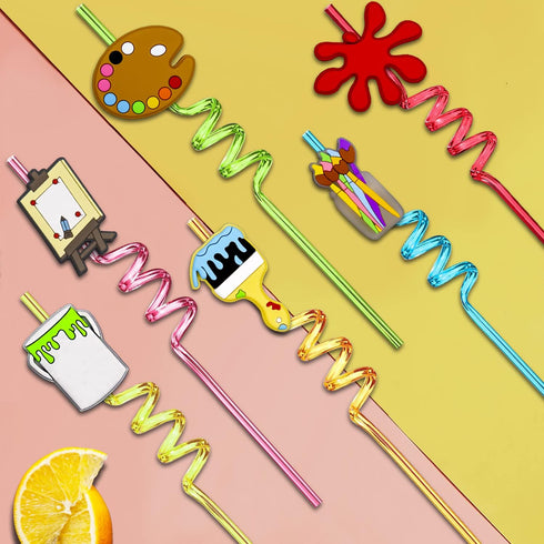 24pcs Art Painting Curly Straws for Cocktail Drink, Birthday Party Supplies Decorations with 2 Cleaning Brushes