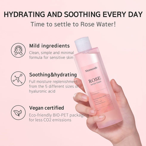 Mamonde Rose Water Vegan Toner for Face - Vegan Korean Toner, 90.97% Pure Rose Water Toner, Organic Certified, Soothing and Hydrating, Alcohol-Free, Korean Skin Care, 8.45 Fl Oz