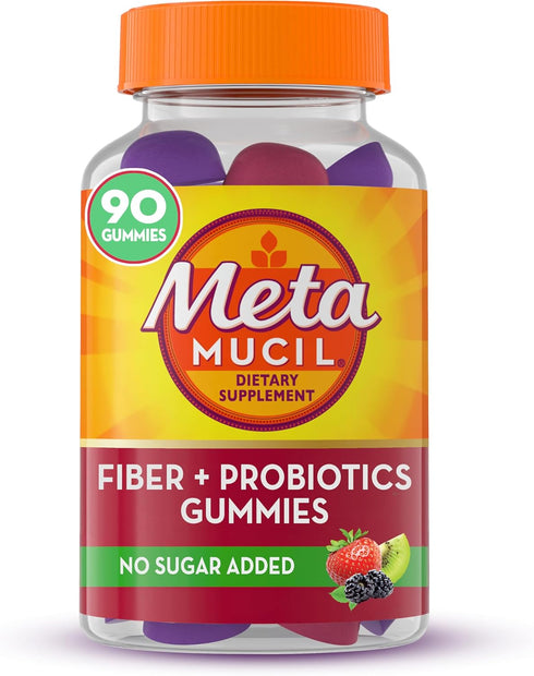 Metamucil Fiber Gummies Plus Probiotics for Digestive Health, No Sugar Added, Prebiotic Plant-Based Fiber Blend, 90