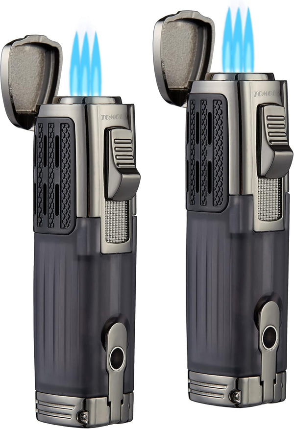 Cigar Lighter Triple Jet Flame Torch, Refillable Butane Lighter with Cigar Punch, 2 Pack, Charcoal