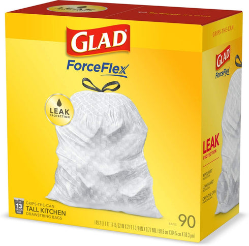 Glad Trash Bags, ForceFlex Tall Kitchen Drawstring Garbage Bags, White, 13 Gallon, 90 Count (Package May Vary)