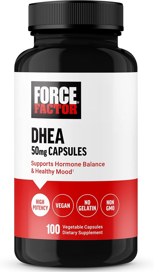 FORCE FACTOR DHEA 50mg Supplement for Women and Men - Hormone Balance, Healthy Mood, Vegan Friendly, 100 Capsules