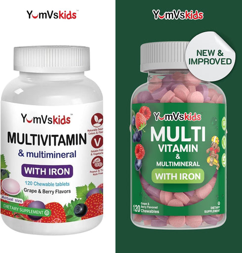 YumVs Complete Kids Multivitamin with Iron - Kids Chewable Multivitamin - Kids Vitamins Multivitamin + Kids Iron Supplement - Toddler Vitamins for 2 Year Old+, Kosher, Halal, Gluten Free (120 Tablets)