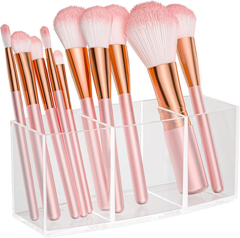 Clear Makeup Brush Organizer, Acrylic Cosmetic Brushes Storage with 3 Slots, Perfect Pen Holder for Desk