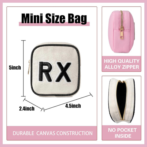 Personalized Small Canvas Cosmetic Bag, Cute Plaid Chenille Letter RX Drug Pouch with Zipper for Women and Girls