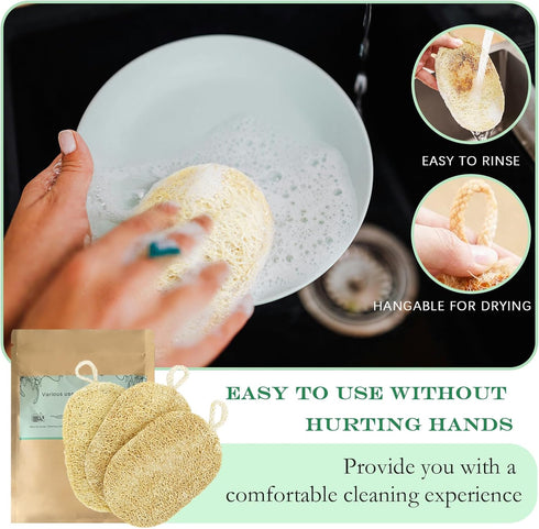 Natural Loofah Dish Sponge, Biodegradable Cellulose Loofah Scrub Sponge, Dual-Sided Non-Scratch for Kitchen & Bathroom