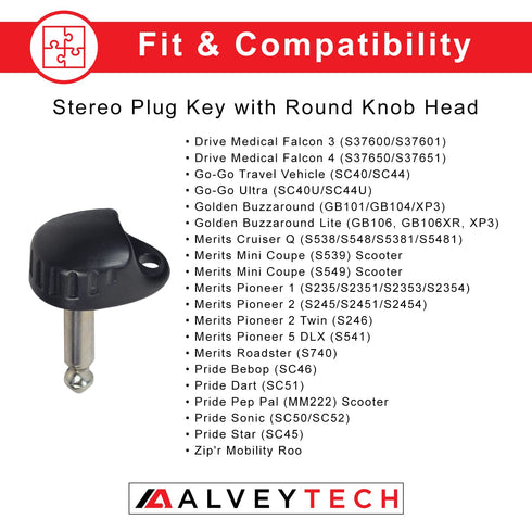 AlveyTech Stereo Plug Style Key with Round Knob Head for Pride & Go-Go Scooter, Replacement for Mobility Scooters