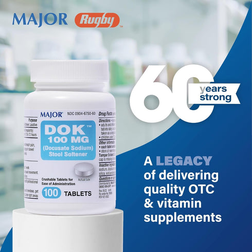 Major Docusate Sodium 100 mg - Stool Softener Tablets for Constipation Relief, 100 Tablets for Ages 12+