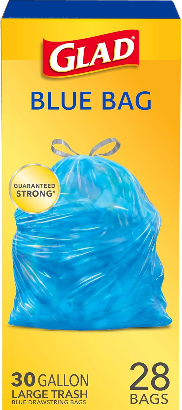 Glad Large Drawstring Bags - Blue, 30 Gallon, 28 Count