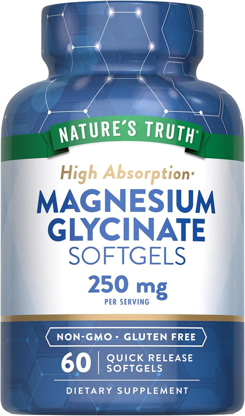 Nature's Truth Magnesium Glycinate Softgels | 250mg | 60 Pills | Non-GMO, Gluten Free, High Absorption Supplement