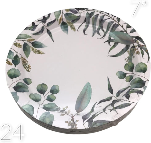 Set 24 Oojami Floral Party Supplies for Eucalyptus Greenery Plates, Cups, Napkins, Straws & Table Covers, Disposable