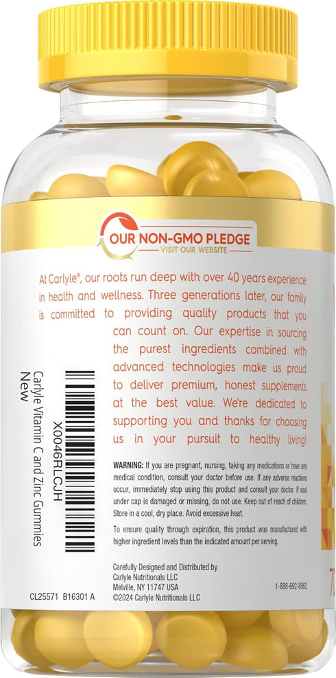 Carlyle Vitamin C and Zinc Gummies, 70 Count, Vegan, Non-GMO, Gluten Free Supplement, Lemon Flavor