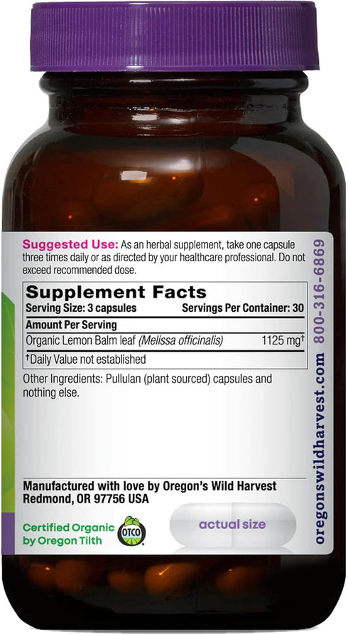 Oregon's Wild Harvest, Certified Organic Lemon Balm, Herbal Supplement Vegan Supplement, 1125 mgs, 90 Count