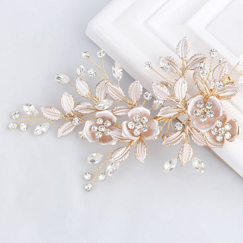 SWEETV Light Rose Gold Rhinestone Wedding Clip Bridal Comb Barrette - Handmade Flower Head Pieces for Women