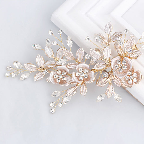 SWEETV Light Rose Gold Rhinestone Wedding Clip Bridal Comb Barrette - Handmade Flower Head Pieces for Women
