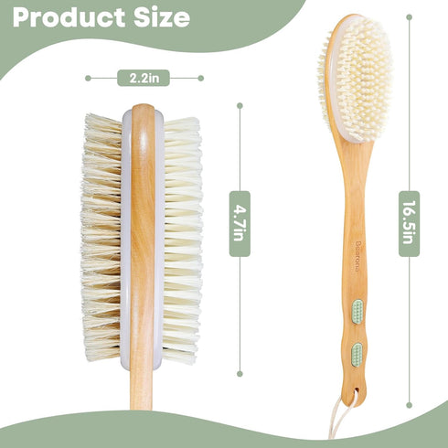 Body Scrubber with Soft and Stiff Natural Bristles, Dual-Sided Long Handle Shower Brush for Bath