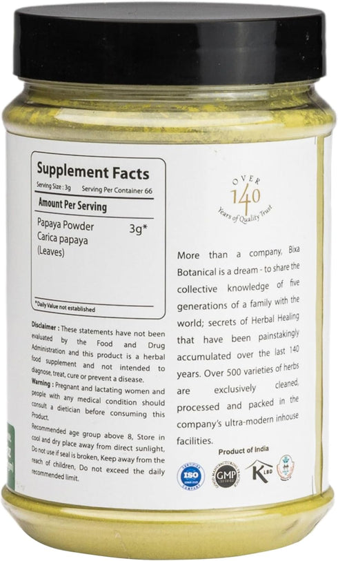 bixa BOTANICAL Papaya Leaf Powder, Ayurvedic Herb, Anti-oxidant Agent, Herbal Supplement, 200g