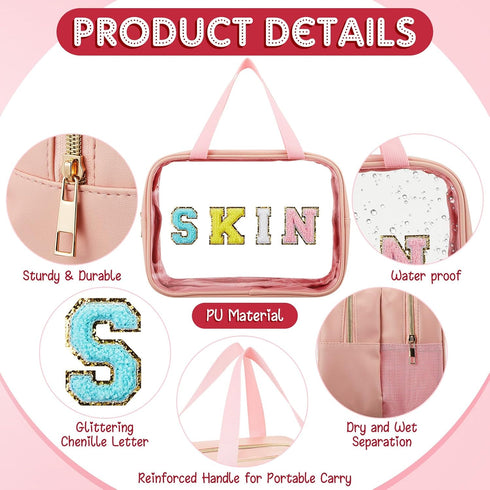 Chenille Letter Bag, Nylon Makeup Bag, Portable Zipper Cosmetic Toiletry Storage Bag for Women Girls, Pink