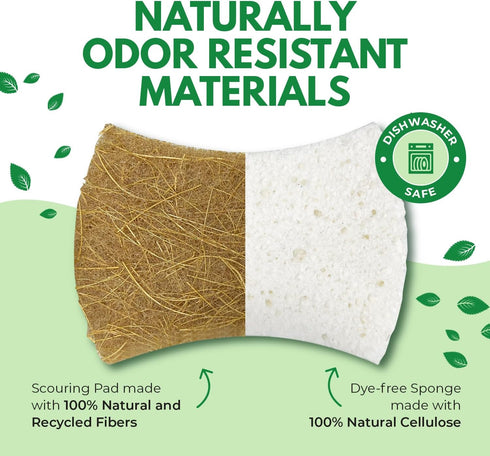 Biodegradable Natural Kitchen Sponge, Compostable Cellulose and Coconut Walnut Scrubber, 24 Pack