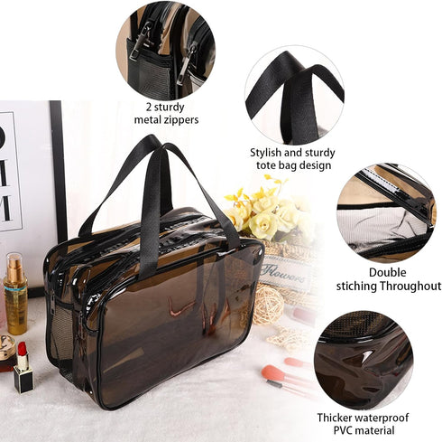 WEISIPU Large Waterproof Clear Travel Bag, Transparent Makeup Bag with Double Zipper - Stylish Black Trim