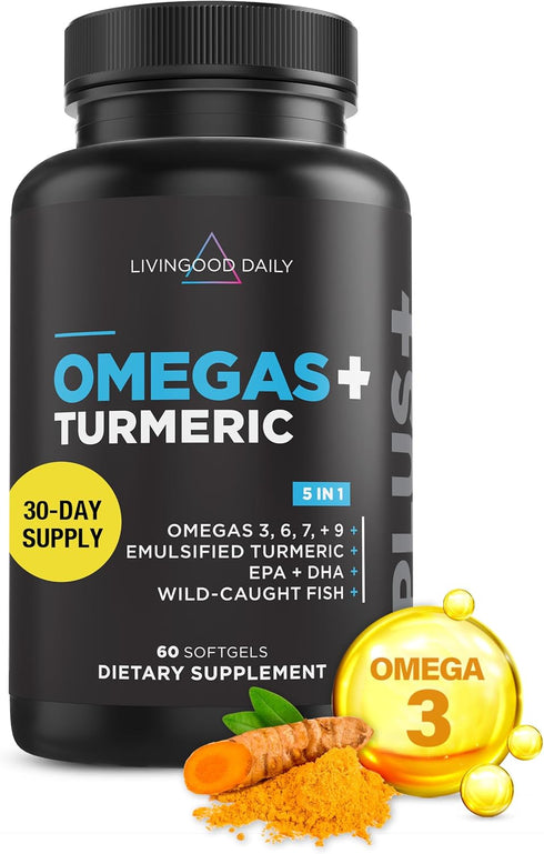 Livingood Daily Omega 3 6 9 Plus Turmeric Curcumin - Omega 3 Supplement for Heart Health, 60 Softgels