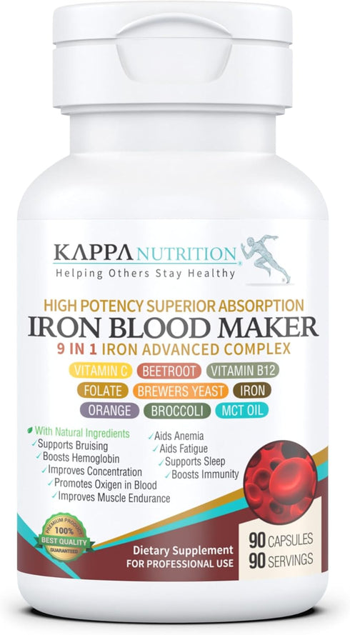 Kappa Nutrition 9 in 1 Advanced Complex - 90 Capsules with Iron, Vitamin C, Folate, B12, and More