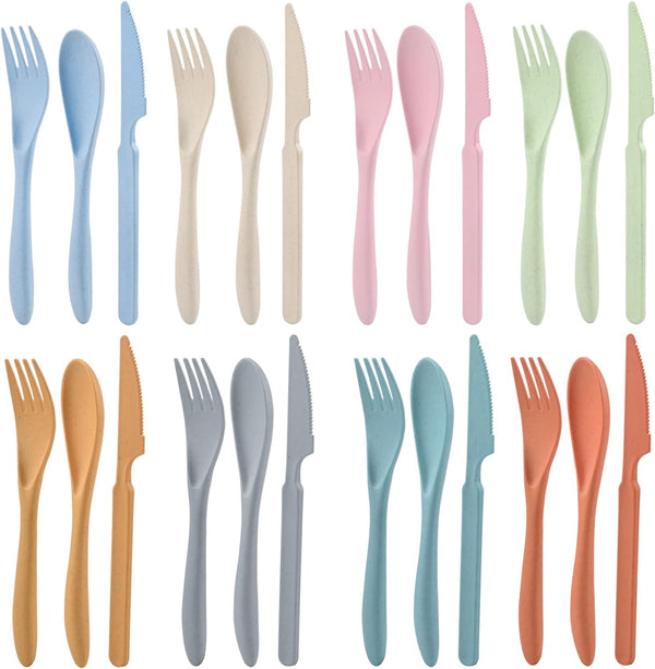 Knives Spoons and Forks Set, Wheat Straw Reusable Cutlery Set for 8, Utensils for Party, Travel, Picnic, Camping