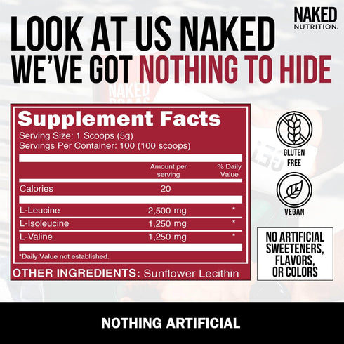Naked BCAAs Amino Acids Powder - Pure 2:1:1 Formula, Vegan Unflavored, 500 Grams, 100 Servings