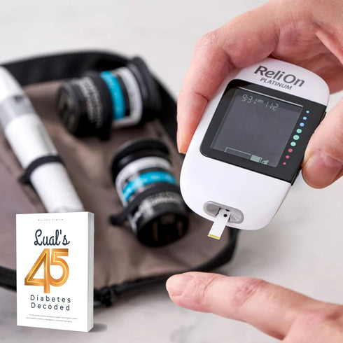 ReliOn Platinum Blood Glucose Test Strips, Micro-Thin Lancets Bundle (50 Test Strips + Lancets) with Lual's 45 Diabetes
